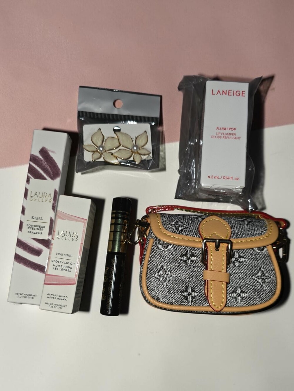 Mini Grey Patterned Crossbody Bag with Tan Trim And Beauty Bundle